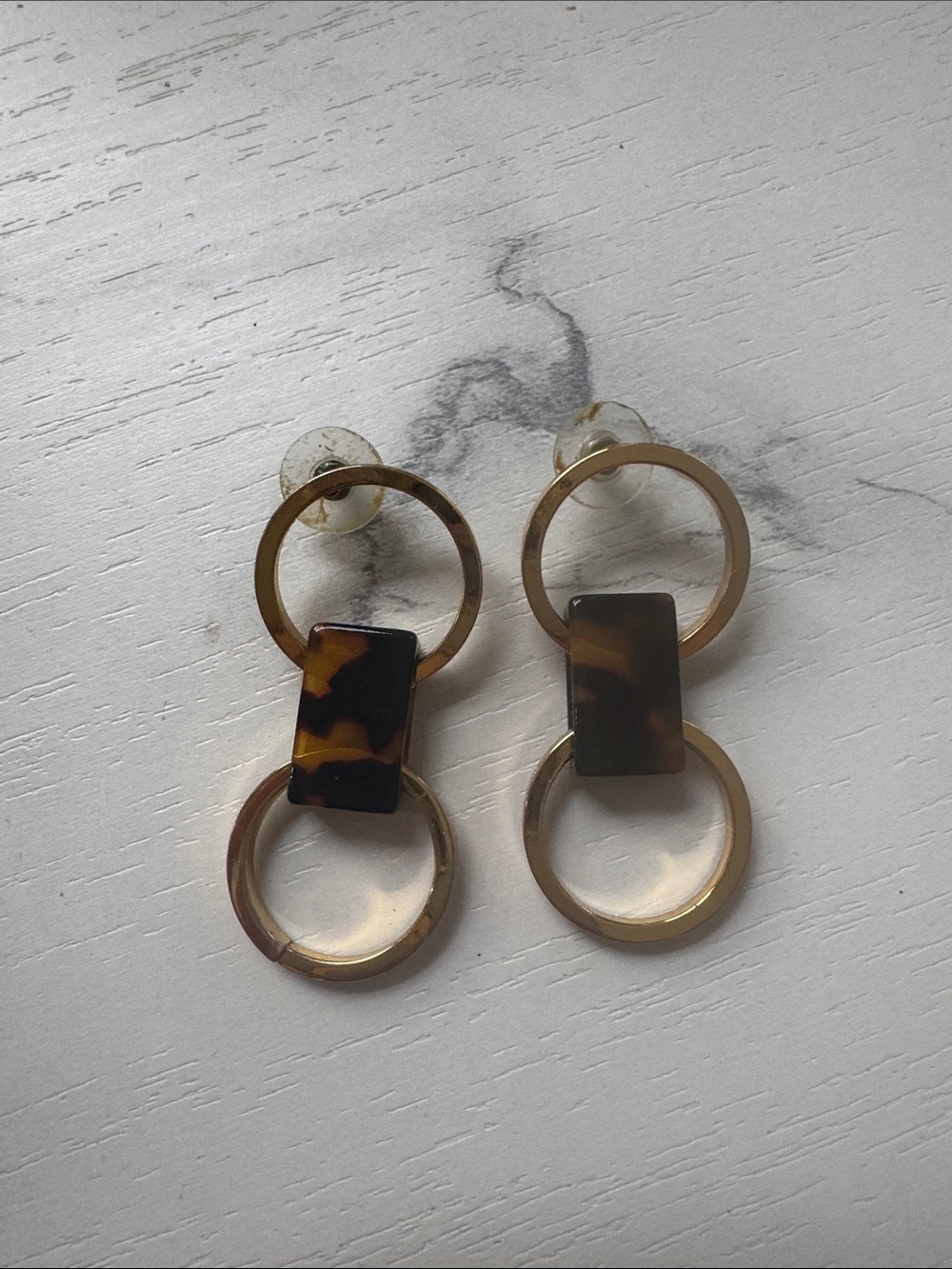J. Crew Gold and Tortoiseshell Double Ring Drop Earrings